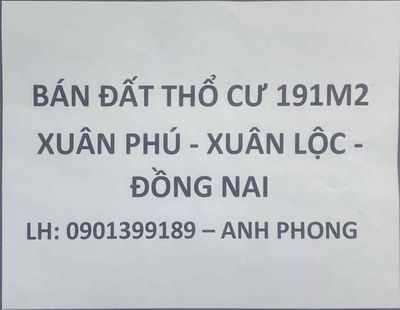 đất thổ cư 191m2 chính chủ