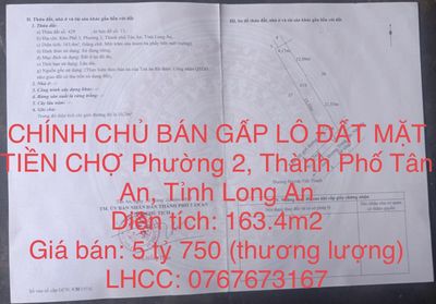 CHÍNH CHỦ BÁN GẤP LÔ ĐẤT MẶT TIỀN CHỢ Phường 2, TP. Tân An, Long An