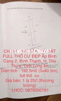 CHÍNH CHỦ BÁN ĐẤT FULL THỔ CƯ Bình Thạnh, H. Thủ Thừa, Tỉnh Long An