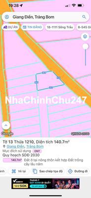 2 mặt tiền 140m2 thổ cư xã giang điền cực đẹp