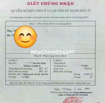 [Chỉ 42tr/m2] Hẻm 6m 78 Tân Hòa Đông, P14, Q6 dt 114m2 chỉ 4 tỷ 9 tl