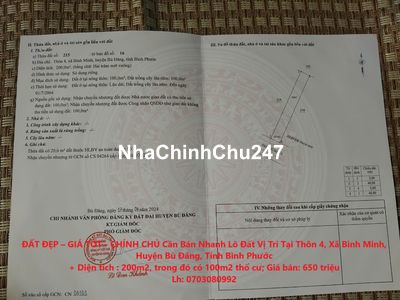 CHÍNH CHỦ Cần Bán Nhanh Lô Đất Vị Trí Tại Tỉnh Bình Phước