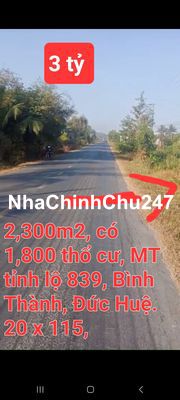 Bán 2,300m2 có 1,800 thổ cư, MT TL 839, Bình Thành, Đức Huệ, LA