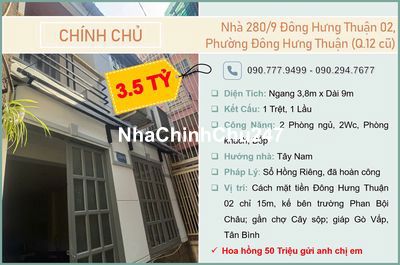 Chính chủ cần bán nhà 280/9 Đông Hưng Thuận 02