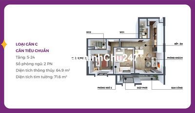 Chính chủ bán căn MIA CENTER POINT - 2PN dt 64,9m2 - Tặng 3 điều hoà